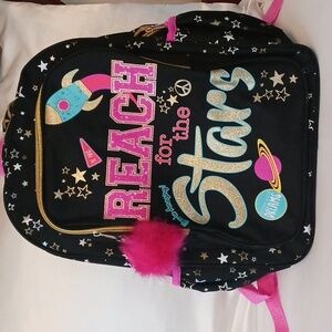Never used child's backpack. Black, gold stars, pink trim.
